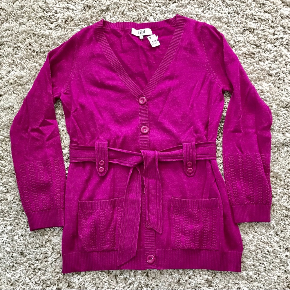 NWT Tibi magenta wool button down/belted cardigan - Picture 3 of 8